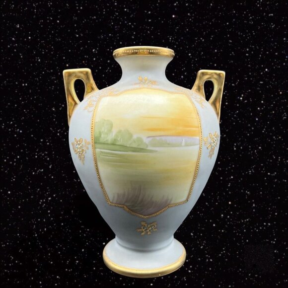 Antique Porcelain Nippon Moriage Vase Golden Hand Painted Double Handled Boat - Picture 1 of 8